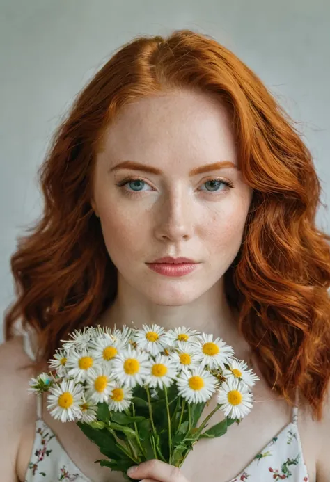 Portrait of a young redhead lady with a flower, Canon EOS R3, f/1.4, ISO 200, 1/160s, 8K, RAW, unedited, symmetrical balance, in-frame