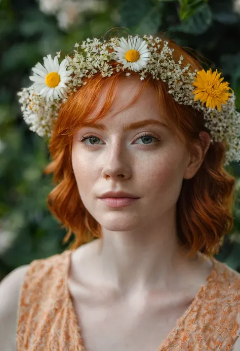 Portrait of a young redhead lady with a flower, Canon EOS R3, f/1.4, ISO 200, 1/160s, 8K, RAW, unedited, symmetrical balance, in-frame