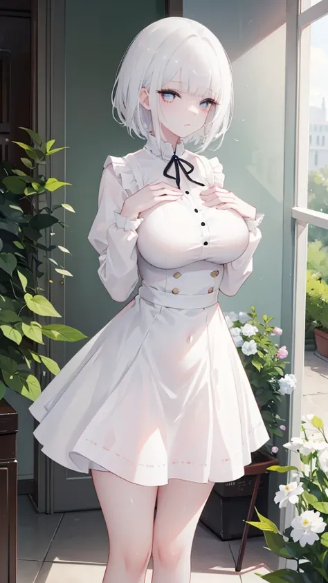 an indifferent expression,Big breasts,short white hair,weeding dress,a girl,students,standing posture,hands on the chest,white pupils,no background,