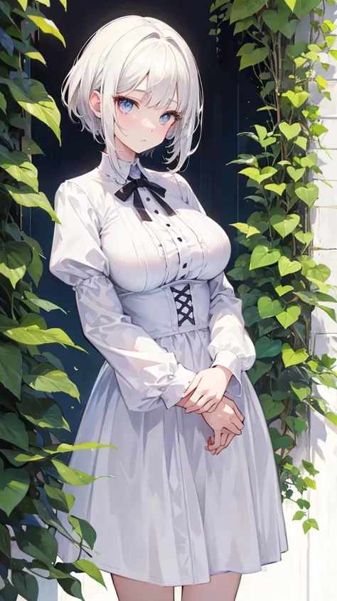 an indifferent expression,Big breasts,short white hair,weeding dress,a girl,students,standing posture,hands on the chest,white pupils,no background,