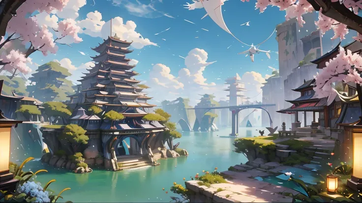 A futuristic city with flying cars and holographic displays, connected by spiral bridges over an ethereal ocean. The sky is a clear blue, and the buildings have metallic textures. In one corner of the scene, there is a large floating structure resembling t...