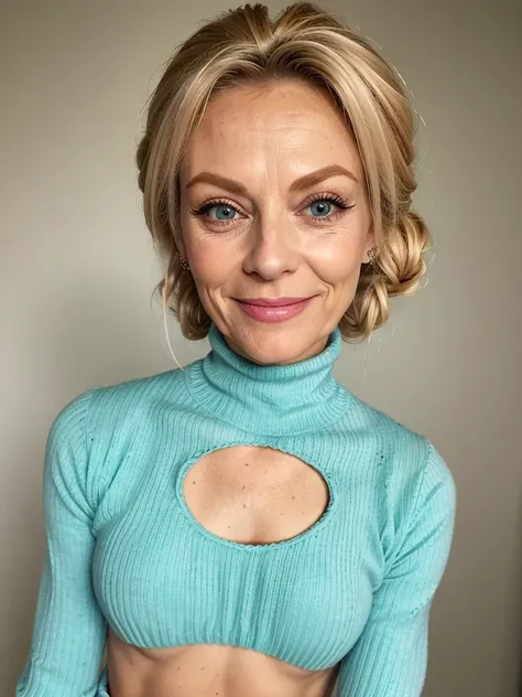 photo of a skinny very old wrinkly faced mature blonde prostitute with fake eyelashes and plump enhanced lips, messy long hair thrown into a messy bun ponytial. She wears: (turtleneck soft high ribbed keyhole chest cutout turquoise sweater:1.1), submissive...