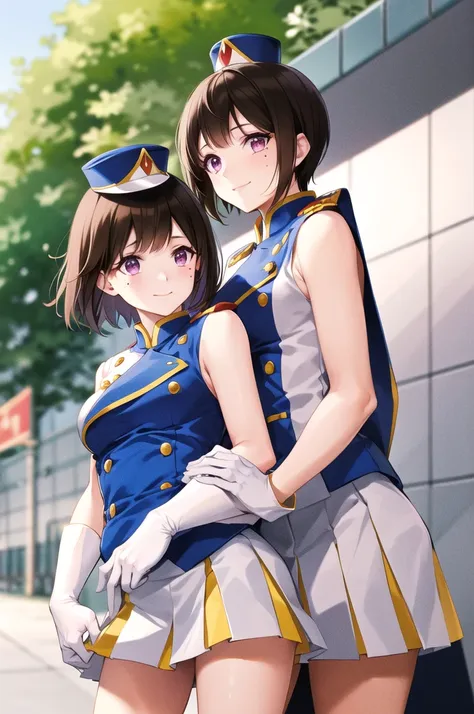 masterpiece, best quality, highres, hetero, brown hair, short hair, purple eyes, mole under eye, hat, band uniform, sleeveless, ...