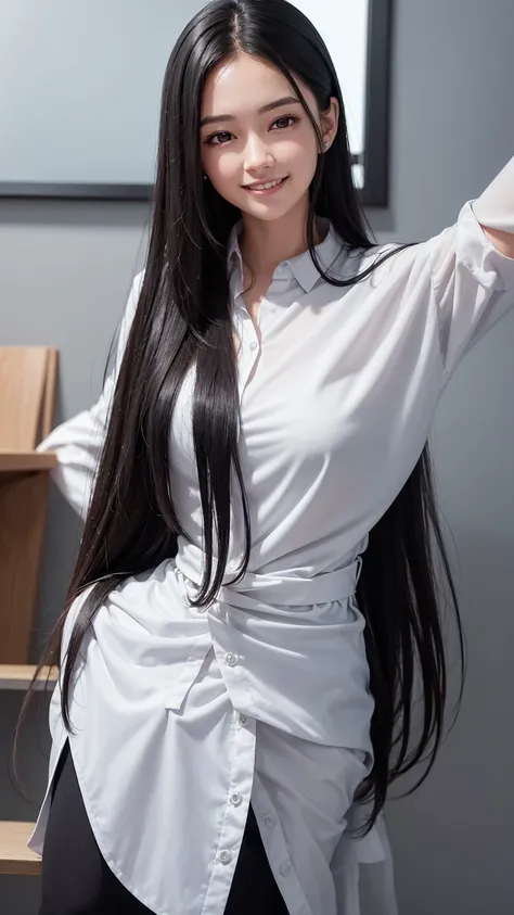 A close-up portrait photo of a young female instructor with long, black hair, giving a lecture in a bright and clean room. She has an exceptionally beautiful and adorable face with a smile that expresses kindness and calmness. She is wearing an elegant, st...