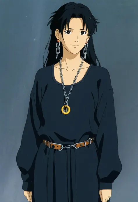 A Ghiblis studio character. With messy black hair and dark large clothes. she wear very noticeable earrings. She is chained 