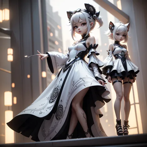 ​masterpiece、top-quality、ultra-detailliert、（Chibi Charas Daughter：1.3），（White theme：1.3），（cyber future design：1.4）（White High Neck Cyber Dress Rare Sleeves、flered skirt、Bare shoulders：1.5），（Metallic fabric with built-in LED light：1.3），（Hair ornament inspir...