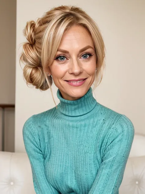 photo of a skinny very old wrinkly faced mature blonde prostitute with fake eyelashes and plump enhanced lips, messy long hair thrown into a messy bun ponytial. She wears: (turtleneck soft high ribbed turquoise sweater:1.1), submissive seductive pose, high...