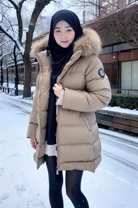 Best quality, 4K, 8K, Detailed faces,fully body photo, Clear face, Japanese muslim girl, 21 years old girl, Perfect body figure, Long slim legs, Pasmina hijab, Long down jacket with hood, Fur trim jacket, White jacket, Snowy Tokyo background 