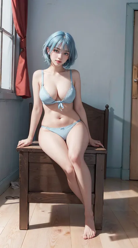 masterpiece, best quality, 4K, ultra-detailed, photorealistic, (1 girl), (A fascinating eye for perfect detail:1.2), smirk, (short light blue hair), ((no bra)), ((no panties)), (panty pull), (sitting on the bed), (front view), (full body), fantasy backgrou...