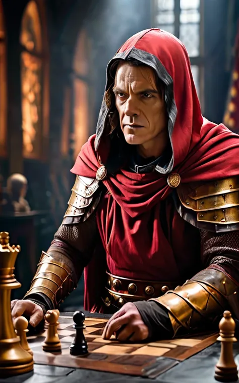 arafed man in armor playing a game of chess, julius caesar, wearing gilded red robes, roman emperor, magneto, inspired by Pogus Caesar, maximus jacobs, inspired by Caesar van Everdingen, portrait shot, caesar, high quality image, christopher lloyd as belia...