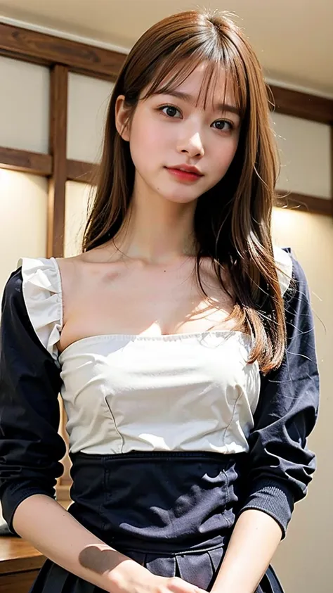 Japanese beautiful girl、15-year-old junior high school student, Brown Hair, Great face and eyes, Pink Eyes, Very beautiful and small breasts、Beautiful cherry-colored areola、Erect nipples、Small butt、Shaved、Captivating smile, (A maid cafe costume with a larg...