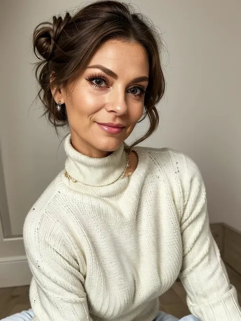 photo of a very old wrinkly faced mature brunette prostitute with fake eyelashes and plump enhanced lips, messy long hakr thrown into a messy bun ponytial. She wears: (turtleneck soft high ribbed white sweater:1.1), submissive seductive pose, high tight ri...