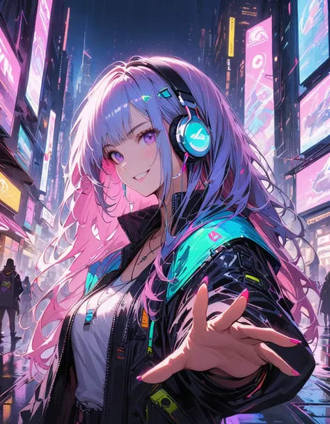 1girl,cyberpunk, chinese girl, translucent，wearing headphones，futuristic city, neon lights, high-tech, digital sky, large moon, ...