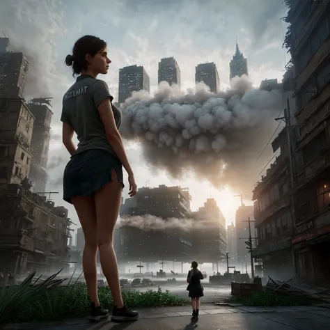 a woman, ellie enormous massive gigantic big large fat breasts, half body, (backpack:0.6), ((looking at viewer)), (ruined city b...