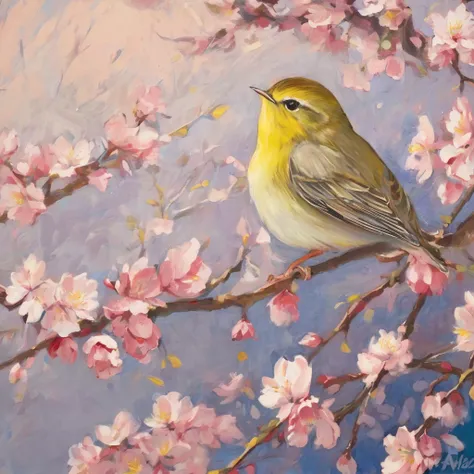 A painting by Alena Remar of a warbler singing in a cherry tree. Spring Morning、It&#39;s sunny weather. Movies focusing on Japanese bush warblers, Dynamic pose, Dynamic Background, Dynamic configuration, Dynamic Lighting, Realistic proportions, High resolu...