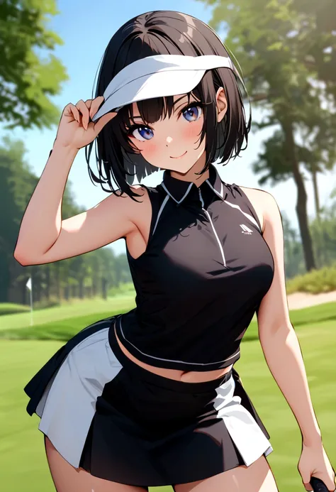 sound　high resolution　8k beauty　woman playing golf　golf course　beautiful woman　bobcut　black hair　　golf wear　mini skirt　smile　　lo...