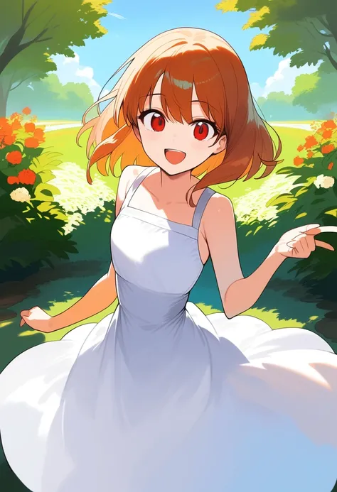 1girl, ultra high res ,looking at viewer , white dress, red eyes, garden background, smile, open mouth, strawhat