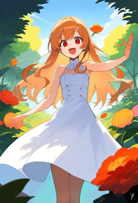 1girl, ultra high res ,looking at viewer , white dress, red eyes, garden background, smile, open mouth, strawhat