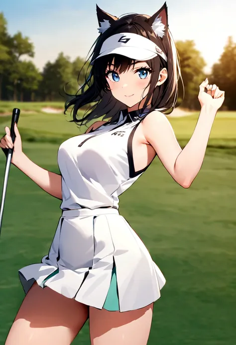 sound　high resolution　8k beauty　woman playing golf　golf course　beautiful woman　wolf cut　black hair　　golf wear　mini skirt　smile　　...