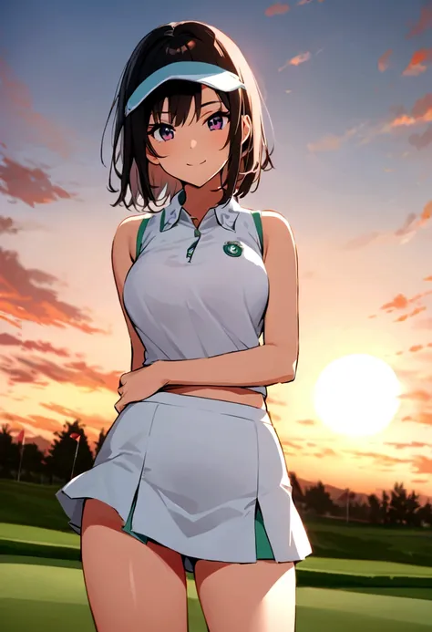 sound　high resolution　8k beauty　Woman playing golf　Golf course　Beautiful woman　Wolf Cut　Black Hair　　Golf Wear　mini skirt　smile　　looking at the camera　nice shot　No sleeve　Sun visor