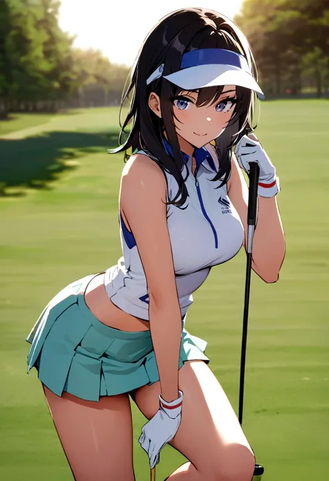 sound　high resolution　8k beauty　woman playing golf　golf course　beautiful woman　wolf cut　black hair　　golf wear　mini skirt　smile　　...