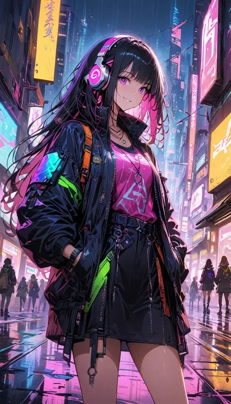 1girl,cyberpunk, chinese girl, translucent，wearing headphones，futuristic city, neon lights, high-tech, digital sky, large moon, ...