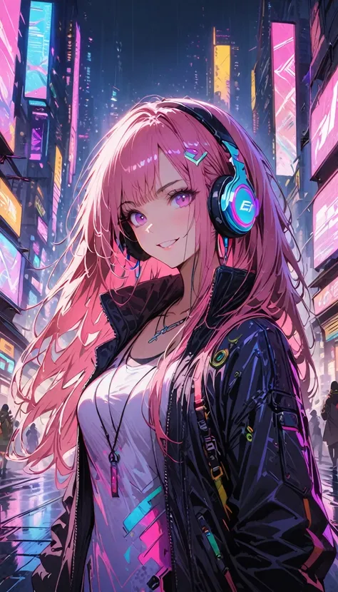 1girl,cyberpunk, Chinese girl, translucent，Wearing headphones，futuristic city, neon lights, high-tech, digital sky, large moon, flying cars, futuristic dress, glowing earphones, jewelry, necklace, long hair, transparent accessories, dynamic pose, smiling, ...