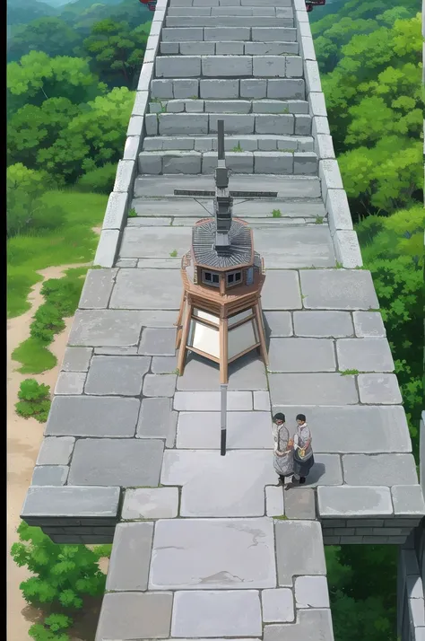 hand-drawn illustrations,old japanese bridge, made of grey bricks , isometric, helicopter shot, close,