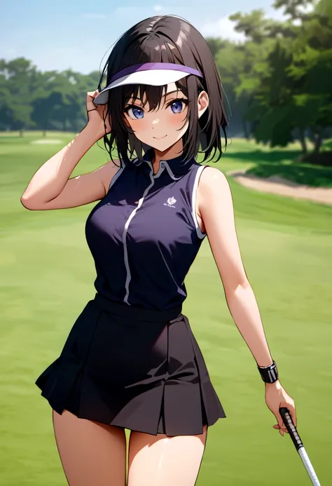 sound　high resolution　8k beauty　woman playing golf　golf course　beautiful woman　wolf cut　black hair　　golf wear　mini skirt　smile　　...