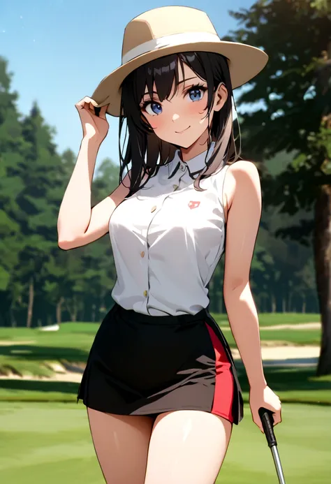 sound　high resolution　8k beauty　woman playing golf　golf course　beautiful woman　timid　black hair　　golf wear　mini skirt　smile　　loo...