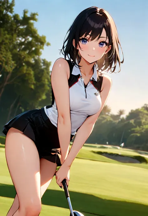 sound　high resolution　8k beauty　woman playing golf　golf course　beautiful woman　timid　black hair　　golf wear　mini skirt　smile　　loo...