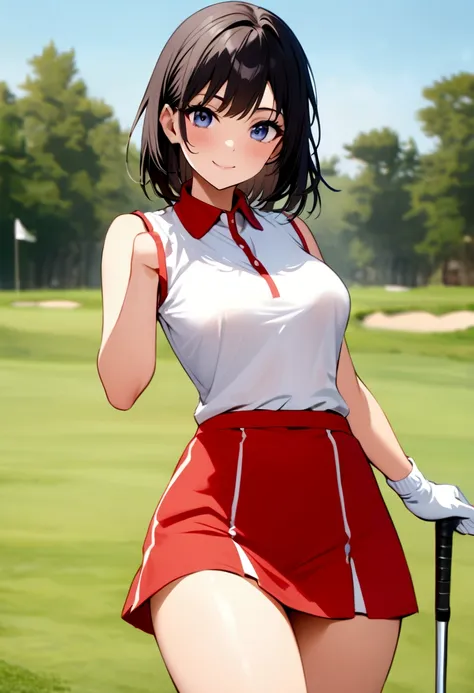 sound　high resolution　8k beauty　Woman playing golf　Golf course　Beautiful woman　Timid　Black Hair　　Golf Wear　mini skirt　smile　　looking at the camera　nice shot　No sleeve　Ten-gallon hat　Blonde