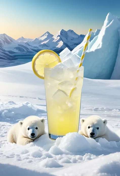 realistic image of a cold glass of lemonade chilling in a pile of snow, polar bears in the background
