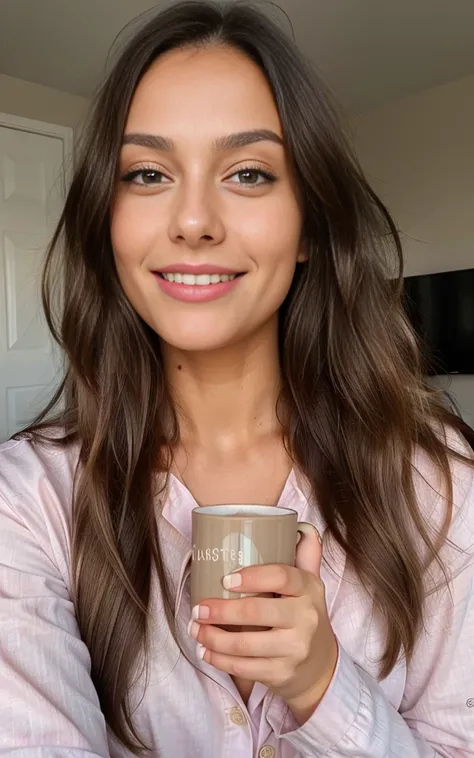 woman smiling, close up, woman wearing pyjamas and drinking a hot cup of coffee, very detailed, a beautiful young woman, beautiful tan woman, gorgeous face, brunette hair, long_hair, symmetrical face, gorgeous, western, (masterpice), best quality, high res...