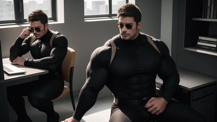 1 super muscular man,  He wears sunglasses，Coffee-colored pantyhose，Sitting in the office，Focused work on laptop，He wears sunglasses，short hair，In a luxurious office, Wear a brown long-sleeved turtleneck leggings, Wear over a suit，tie，Thickened warm elasti...