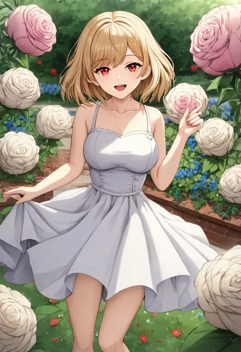 1girl, ultra high res ,looking at viewer , white dress, red eyes, garden background, smile, open mouth, strawhat