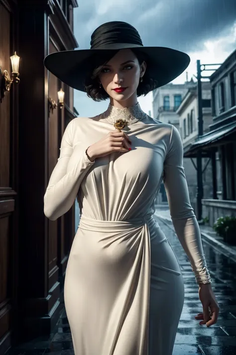 resident evil 8,madame dumitrescu,short hair,pure white skin,golden eyes,tall,white long dress,black hat, black rose brooch,phot...