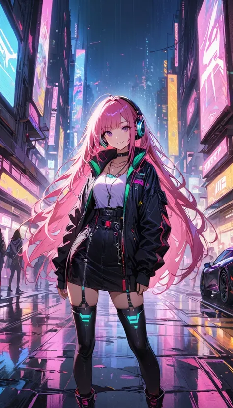 1girl,cyberpunk, chinese girl, translucent，wearing headphones，futuristic city, neon lights, high-tech, digital sky, large moon, ...