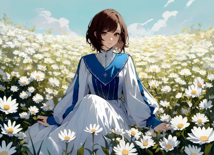 A girl with dark brown hair, styled in blue long sleeves, sitting in a beautiful field of white flowers. Ghili studio style