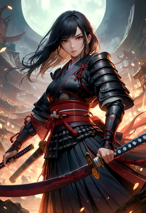 a picture of japanese female samurai, she has long black hair, wearing samurai armor, armed with a katana, ready for battle, dyn...