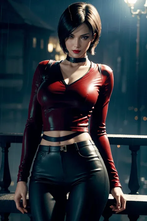 resident evil 6,ada,short hair,red shirt,stand up your collar,black leather pants,photorealistic,ultra hd,high quality,masterpie...