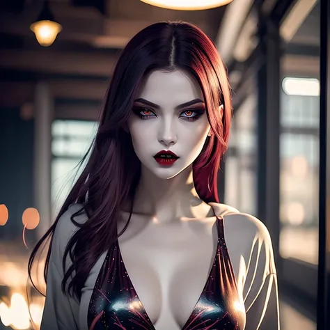 Create a hauntingly beautiful rebellious vampire girl with pale grey skin and deep red lips showing (2 vampire incisor fangs pressed against her bottom lip) wearing modern urban clothing (hoodie(plain, no print:1.5), crop-topshirt(plain, no print:1.5), hip...