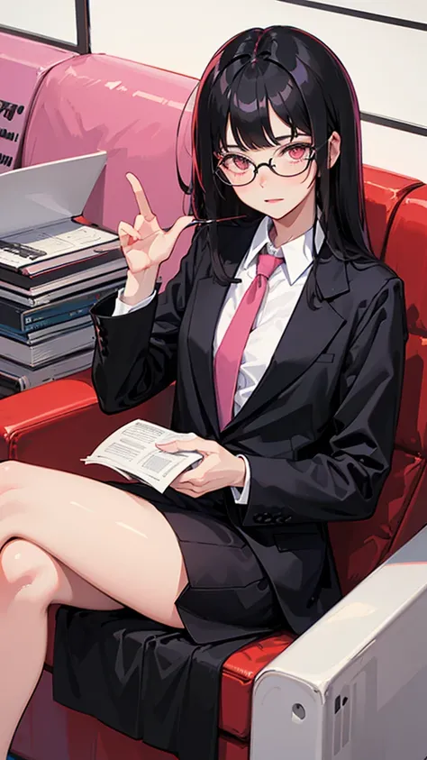 Black Hair　Bangs　Straight Hair　Long Hair　whisky　cheers　suit　Glasses　Pink Eyes　