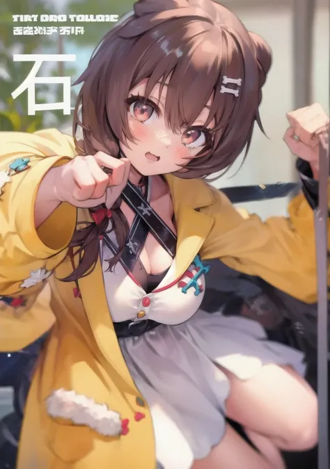 1.5),(girl),(Dynamic pose),Brown Hair,(Vermilion eyes),(first round),Big Breasts,White dress,Yellow coat