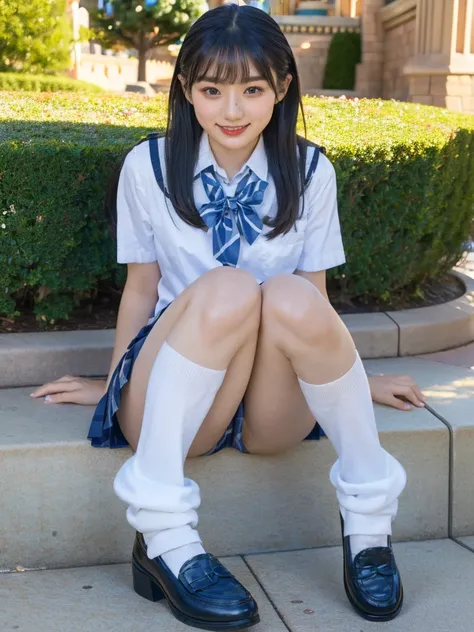 (photorealistic:1.4), best quality, masterpiece, raw 32k photo, (extremely detailed japanese beautiful girl), (extremely detailed eyes:1.2), (cute face:1.2), ultra-detailed, ultra high res, amazing, BREAK,sitting,
(school uniform:1.5), smile, (full body:1....