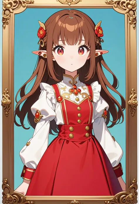 front，ID photo，An anime girl wearing a red skirt and black，She has brown hair and eyes。There are balls on both sides of the head，Shoulder-length hair，And wearing red flower ornaments on the ears。She wears a white blouse，It has gold buttons and pink cuffs.。...