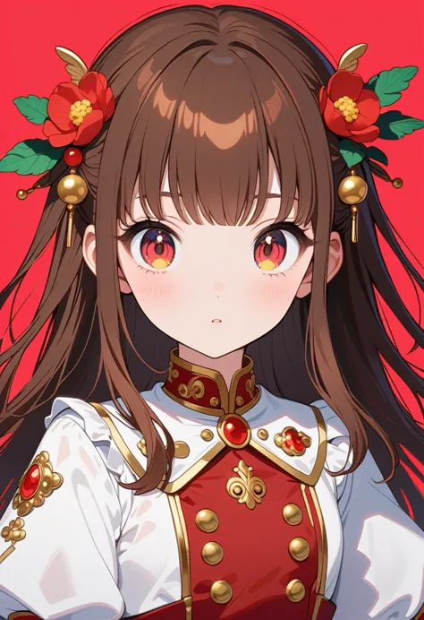 front，ID photo，An anime girl wearing a red skirt and black，She has brown hair and eyes。There are balls on both sides of the head，Shoulder-length hair，And wearing red flower ornaments on the ears。She wears a white blouse，It has gold buttons and pink cuffs.。...