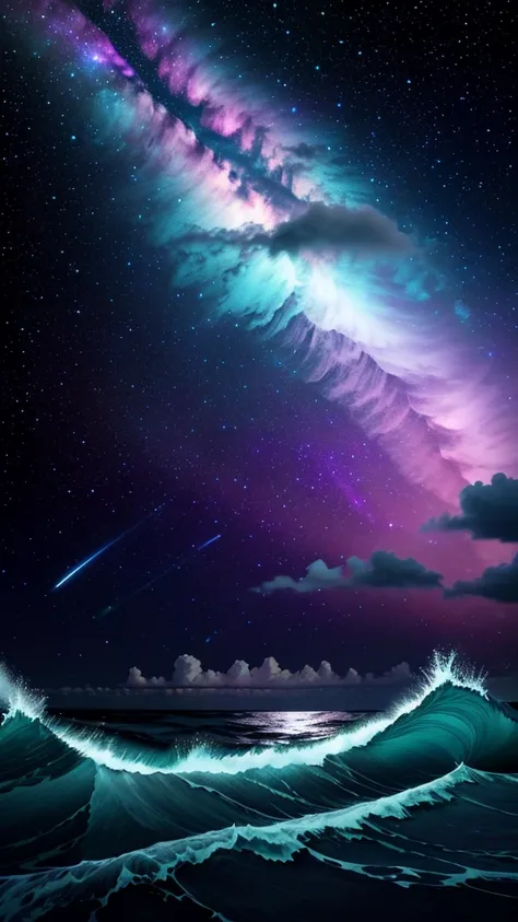 bioluminescent stars in the sky, pink half moon, touquois sky, soft cotton clouds, tourqouis ocean waves, shiny, purple water, galaxy, complementing lighting