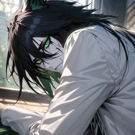 absurd, high definition, ultra detailed, HDR, masterpiece, extremely detailed face and eyes, perfect face, Ulquiorra Cifer, black hair, hair between eyes, expressive green eyes, pale skin, cat ears, bushy tail, Bleach, solo, sexy man, handsome man, white c...