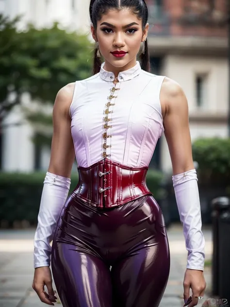 ((best quality)), ((Masterpiece)), (4k details), photorealism, head to knees, zendaya, Plump body, tight red latex leggings, white cotton dress shirt, (purple leather waist corset), Big muscles, Twintail hairstyle, Eyes on the camera, red lips"